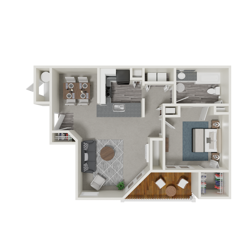 Floor plan for 1 bed, 1 bath, 879 sqft